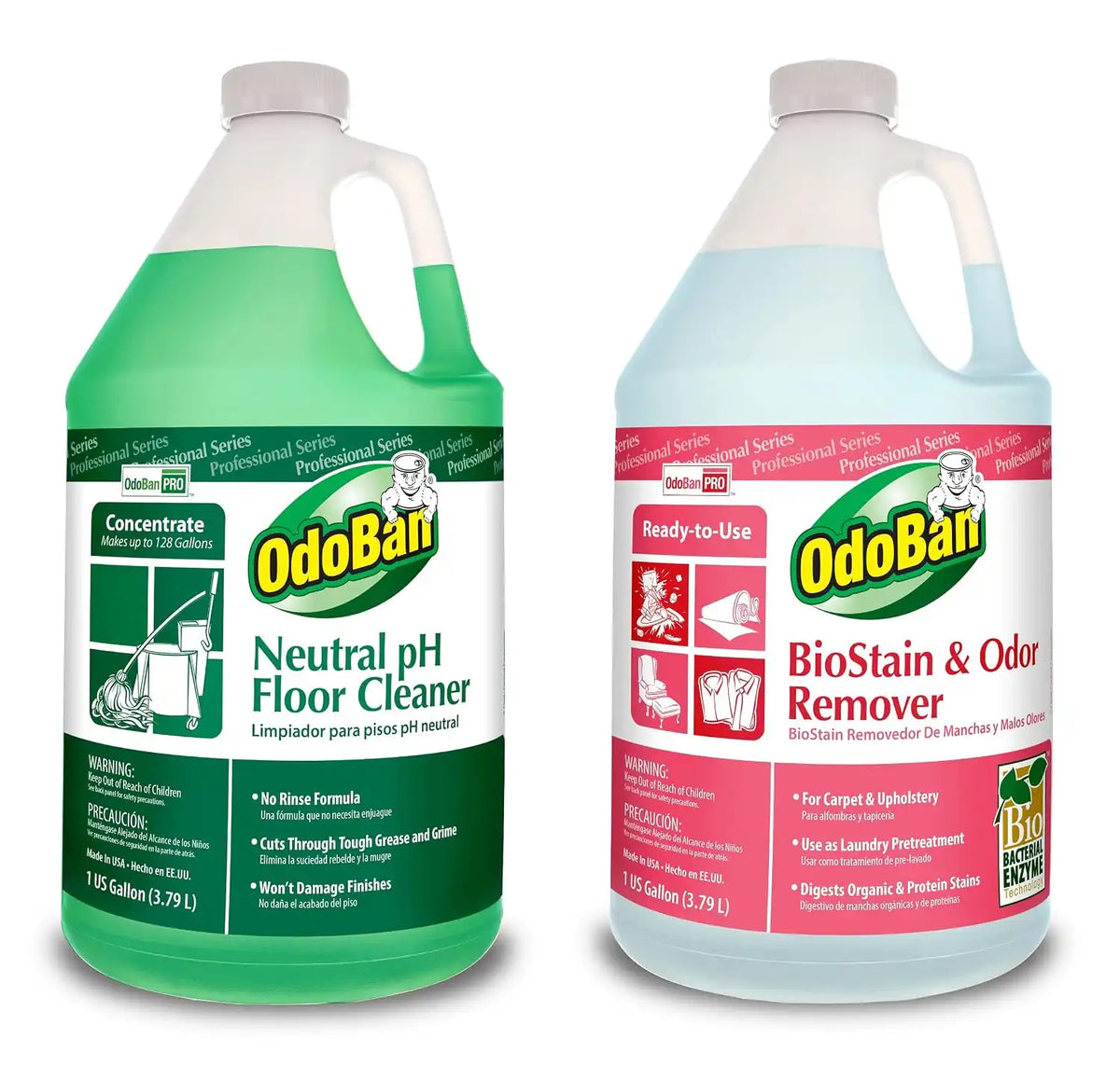 OdoBan Professional Cleaning Neutral pH Floor Cleaner and BioStain and Odor Remover, Made in the USA, 1 Gallon Each
