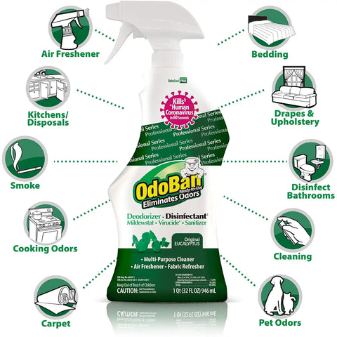 OdoBan Professional Disinfectant and Odor Eliminator Ready-to-Use Spray, 4-Pack, 32 Ounces Each, Original Eucalyptus Scent