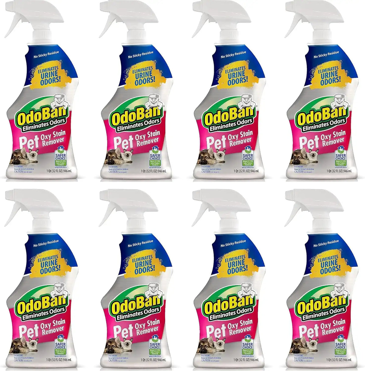OdoBan Pet Solutions Oxy Stain Remover, Pet Stain Eliminator, Made in the USA, 8-Pack, 32 Ounce Spray Each